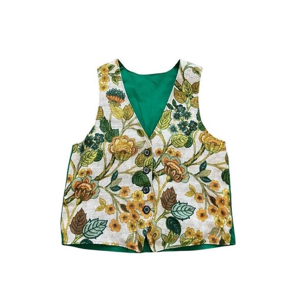Vintage 70s styled line floral handmade green button down vest - Picture 1 of 4